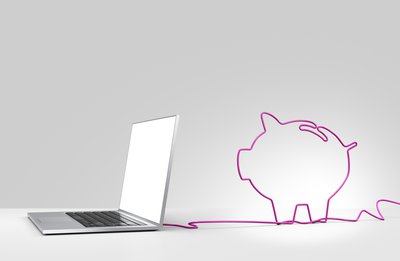 Laptop computer with a pink ethernet cable forming a piggy bank, coming out of the back on a plain background