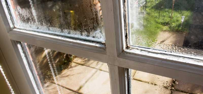 Old window with condensation on it.