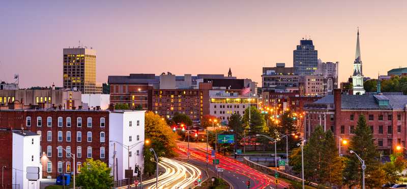The Massachusetts city of Worcester at dusk.