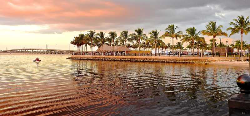 Palm tree silhouettes are seen against a riverside sunset.