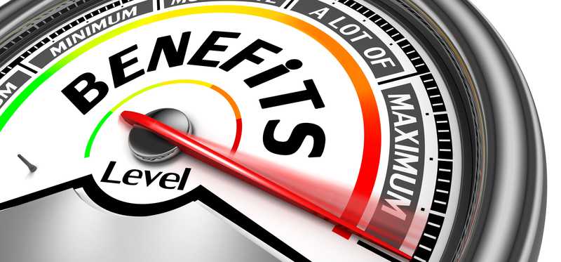 A big dial labeled Benefits is pointing to the maximum level.