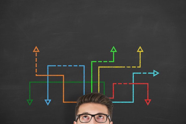 The top of a thinker's head, in front of arrows going in multiple directions.