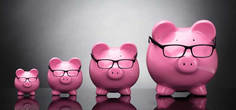 Four piggy banks in ascending order by size.