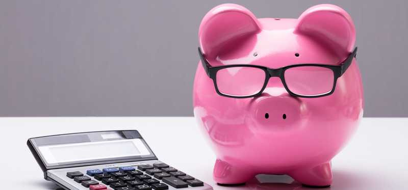 A piggy bank is shown, next to a calculator, and the pig is wearing glasses.