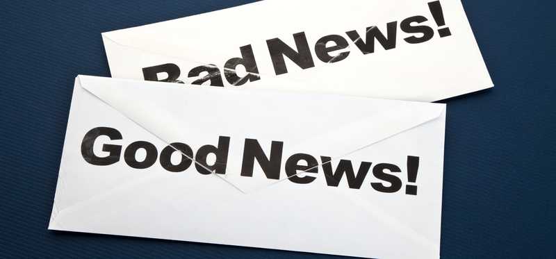 Two envelopes are shown with good news written on one and bad news on the other.