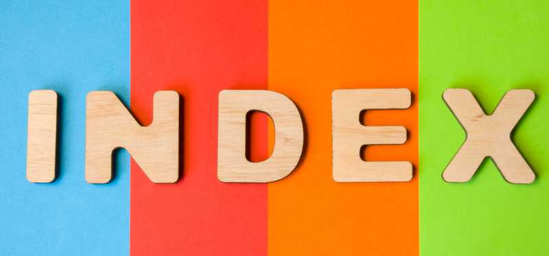 The word Index against a background of colored stripes.