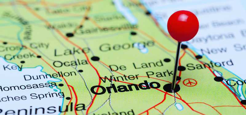 A map showing Orlando, Florida, with a pin stuck in it.