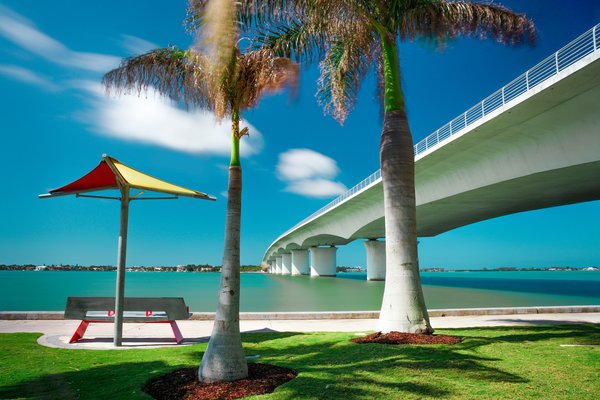 A view of a waterside park in Sarasota, Florida.