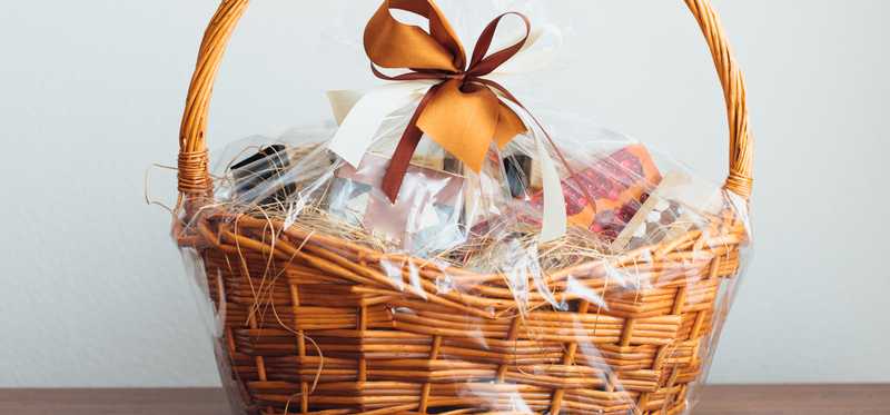 A gift basket on a table.