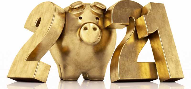 Golden piggy bank and 2021