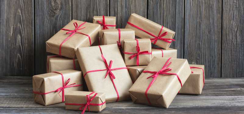 wrapped presents in a pile