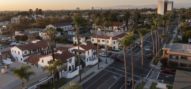 An overhead view of residential streets in Santa Ana, California.