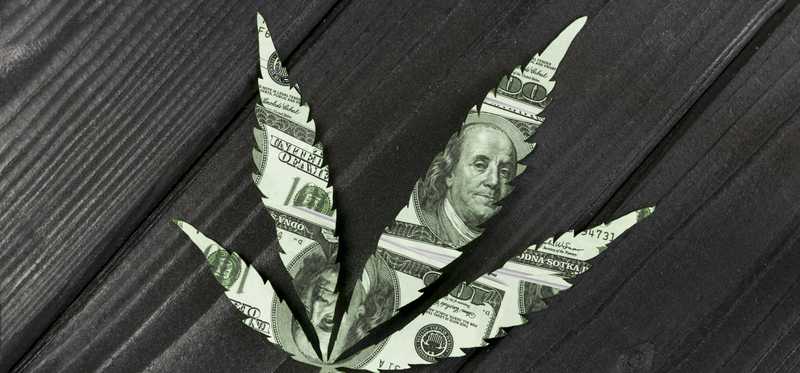 Hundred dollar bill cut into the shape of a marijuana leaf