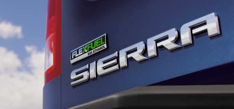A GMC flex fuel badge on a Sierra truck.
