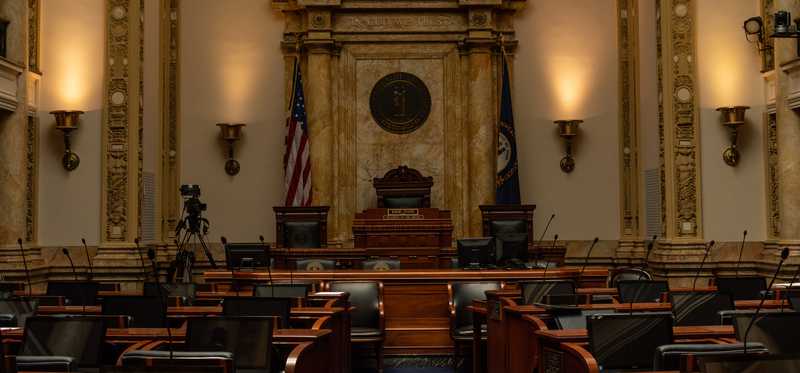 Empty senate chambers room.