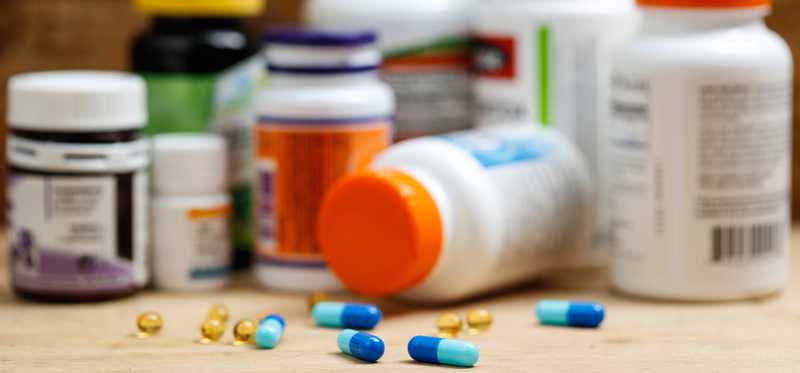 Jars of vitamins and supplements.