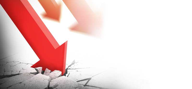Large red arrows pointing downward and cracking white gray surface