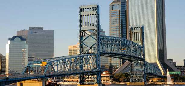 A bridge and city buildings on the Jacksonville, Florida, coastline.