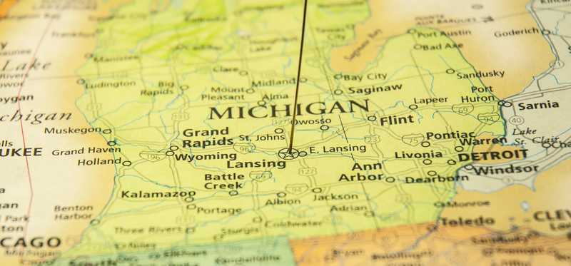 Kalamazoo pinned on a map of Michigan.