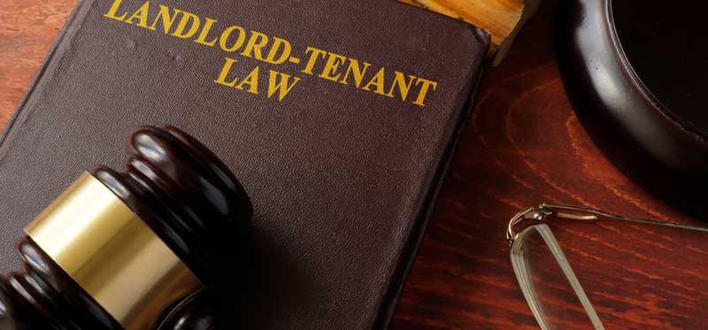 Landlord-Tenant Law book with a gavel resting on top.