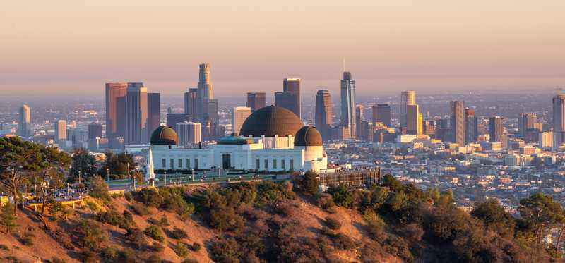 An aerial view of Griffith Observatory overlooking Los Angeles.