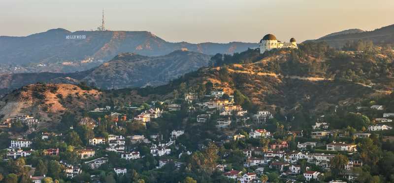A shot of Los Angeles, California, with the observatory and Hollywood sign in view.