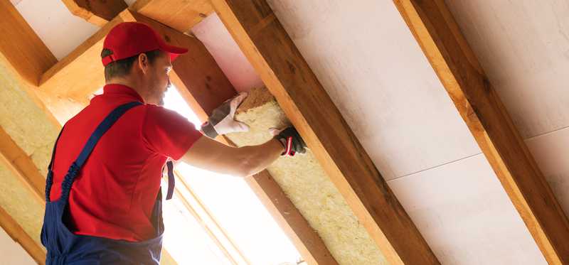 Person installing insulation in an attic.