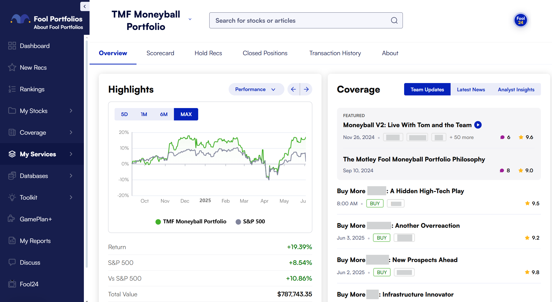 Moneyball Portfolio overview page in Fool Portfolios service