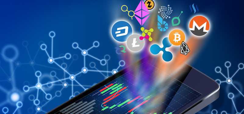 Multiple cryptocurrency logos emerging from a smartphone screen.