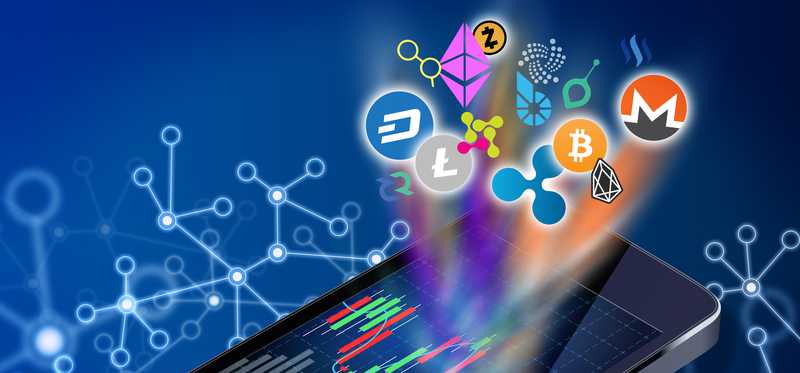 Multiple cryptocurrency logos emerging from a smartphone screen.