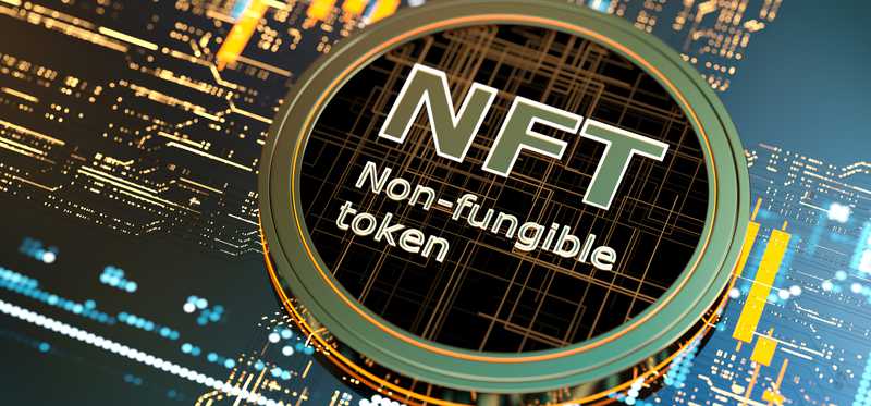 The letters NFT over a digital background