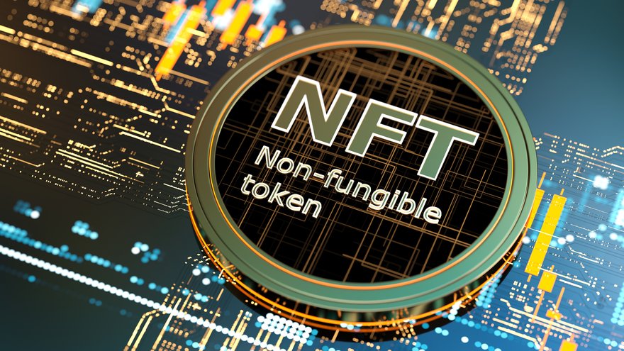 The letters NFT over a digital background