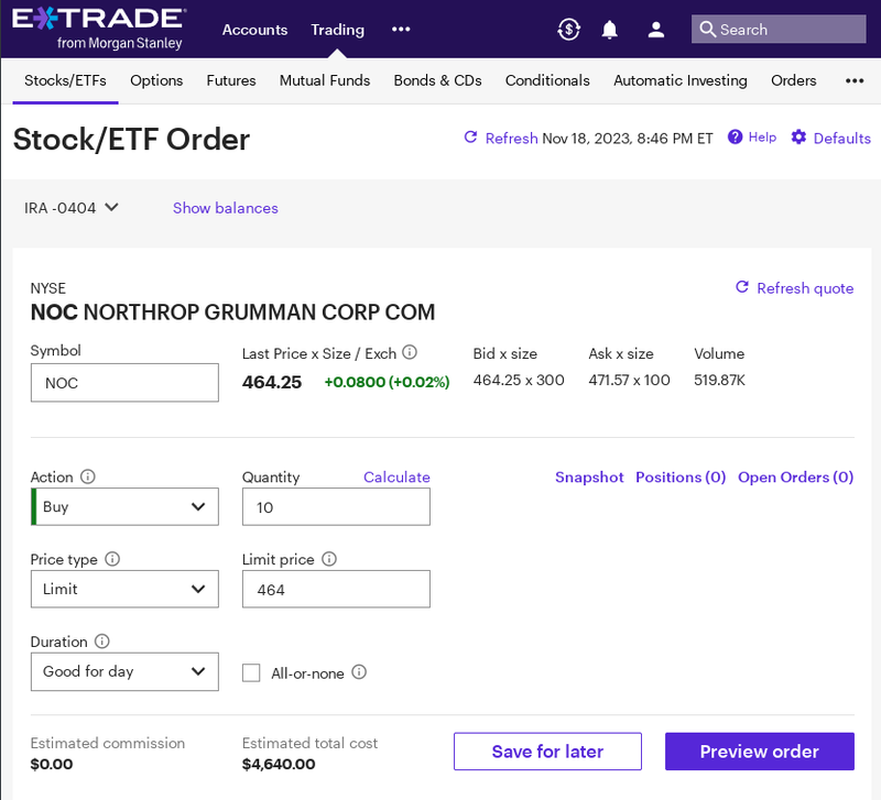 Buying 10 shares of Northrop Grumman on E*Trade.