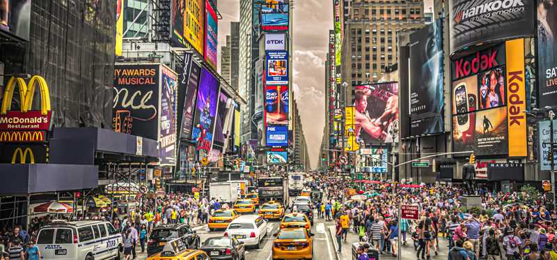 A bustling Times Square in New York City.