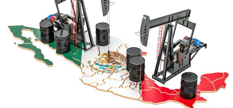 Oil pumps and barrels on top of the Mexican flag shaped like a map of the country.