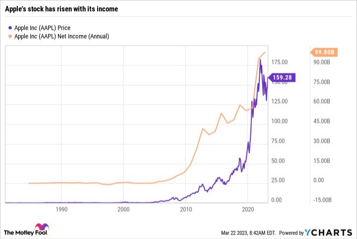 Apple's stock price has risen with its income.