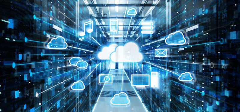 A bunch of virtual clouds in a server room indicating cloud computing.
