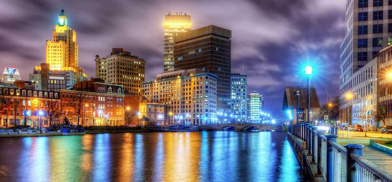 A waterfront night view of Providence, Rhode Island.
