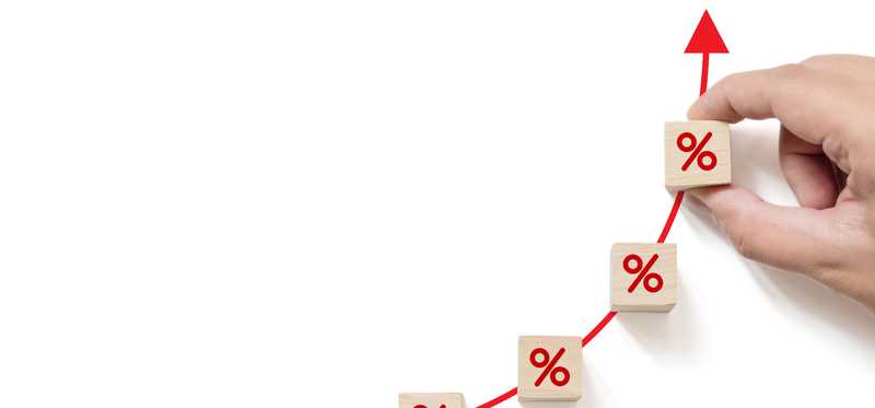 Blocks showing percent marks follow a climbing red arrow