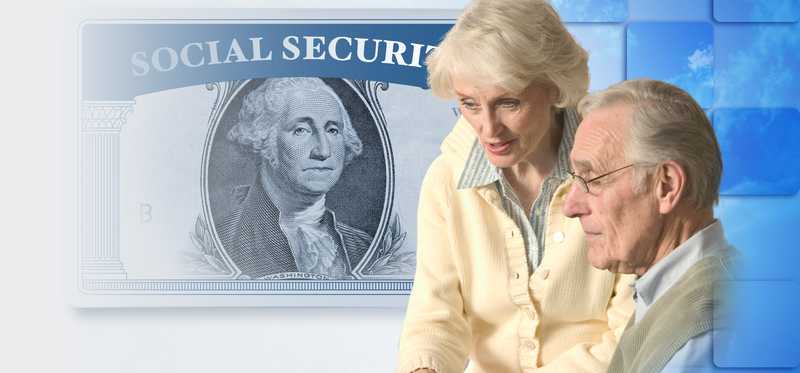 Two people with Social Security over a dollar bill in the background.