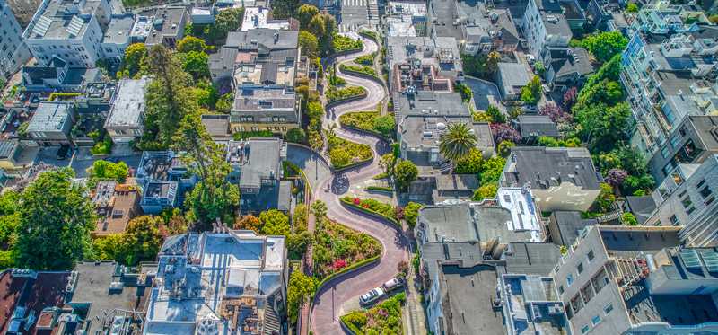 An aerial view of twisty Lombard Street in San Francisco, California.