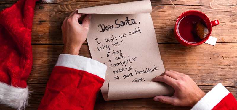 Person in santa suit unrolling a dear santa letter.