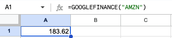 A screenshot of Google Sheets displaying the GOOGLEFINANCE formula and output.