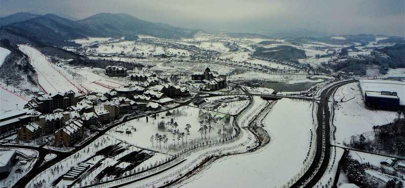 An overhead image of snowy South Korea.