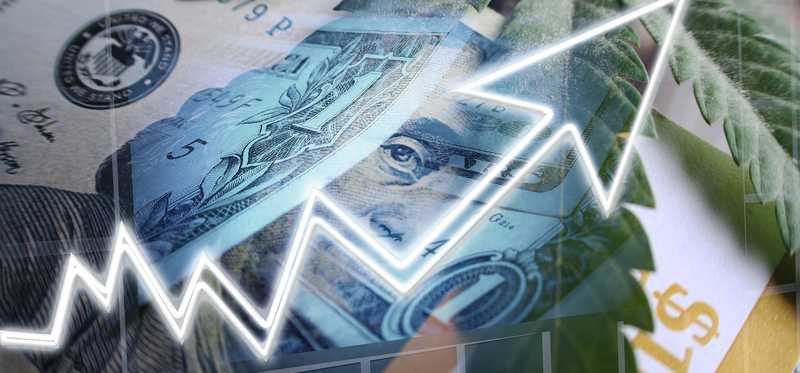 Cannabis leaves and upward arrow on background of hundred dollar bills.
