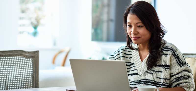 Person using laptop at home.