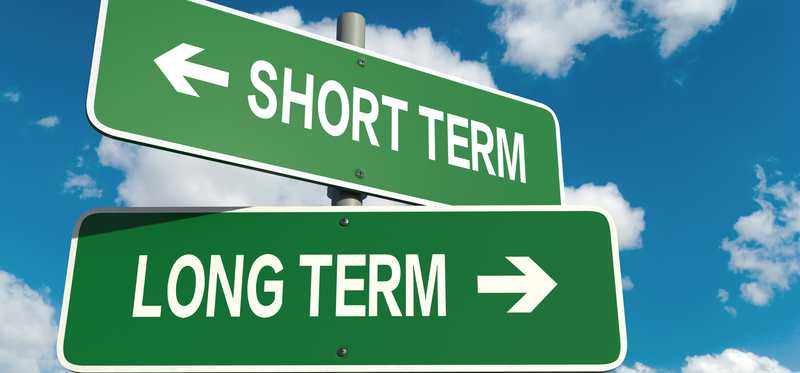 Two green street signs marked Short Term and Long Term with arrows pointing in different directions.