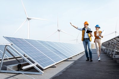Two workers with hard hats at solar power plant