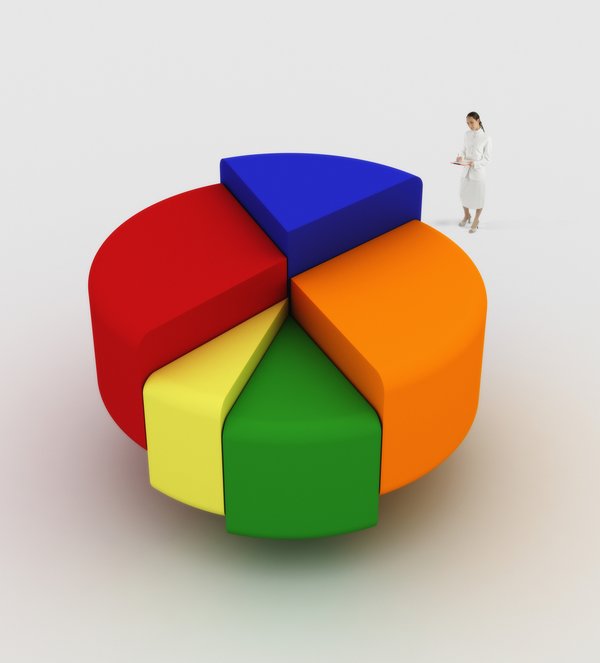 Person standing near much larger 3D colorful pie chart.
