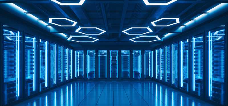 Server room with processors emitting blue light